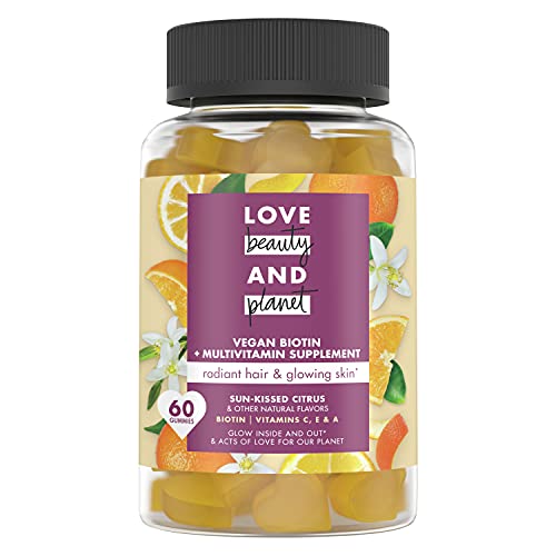 Love Beauty and Planet Citrus Crush Gummy Vitamins Flavored Hair Vitamins for Radiant Hair and Glowing Skin Multi-Benefit Vegan Dietary Supplement Gluten-Free, Cruelty-Free 60 Count